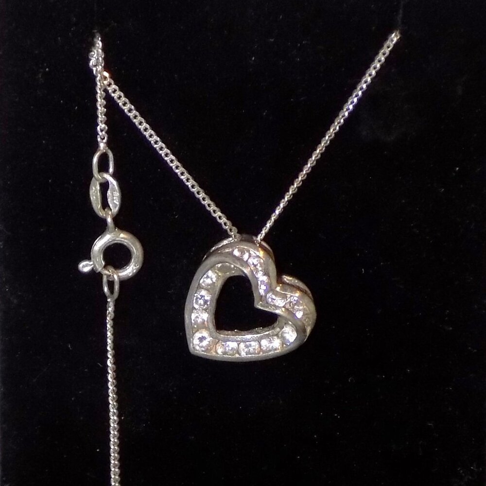 Vintage FAS 925 AMI Italy Sterling Silver Heart Pendant Necklace with Crystals